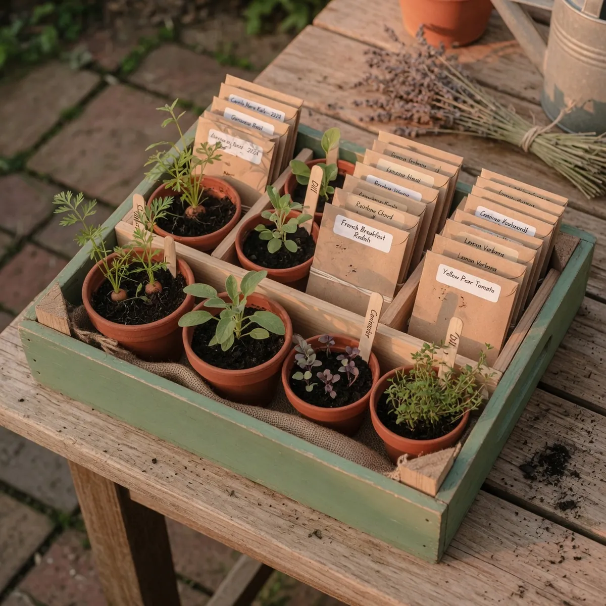 A wooden crate containing labeled seed packets and small starter pots of vegetables and herbs.