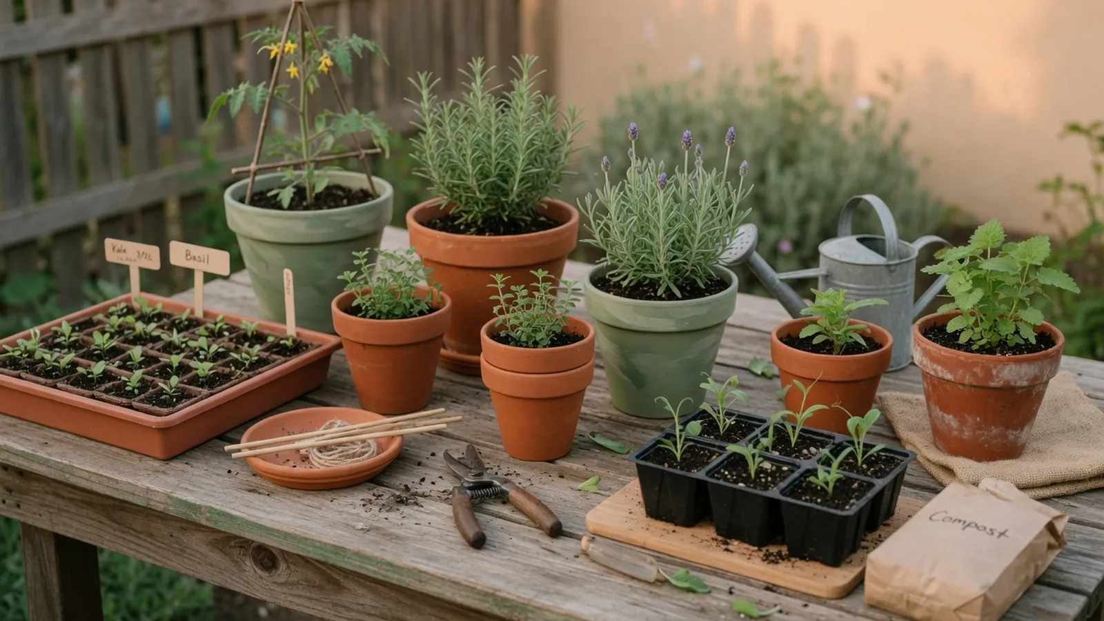 A curated assortment of healthy potted plants and seedlings arranged on a wooden surface outdoors.