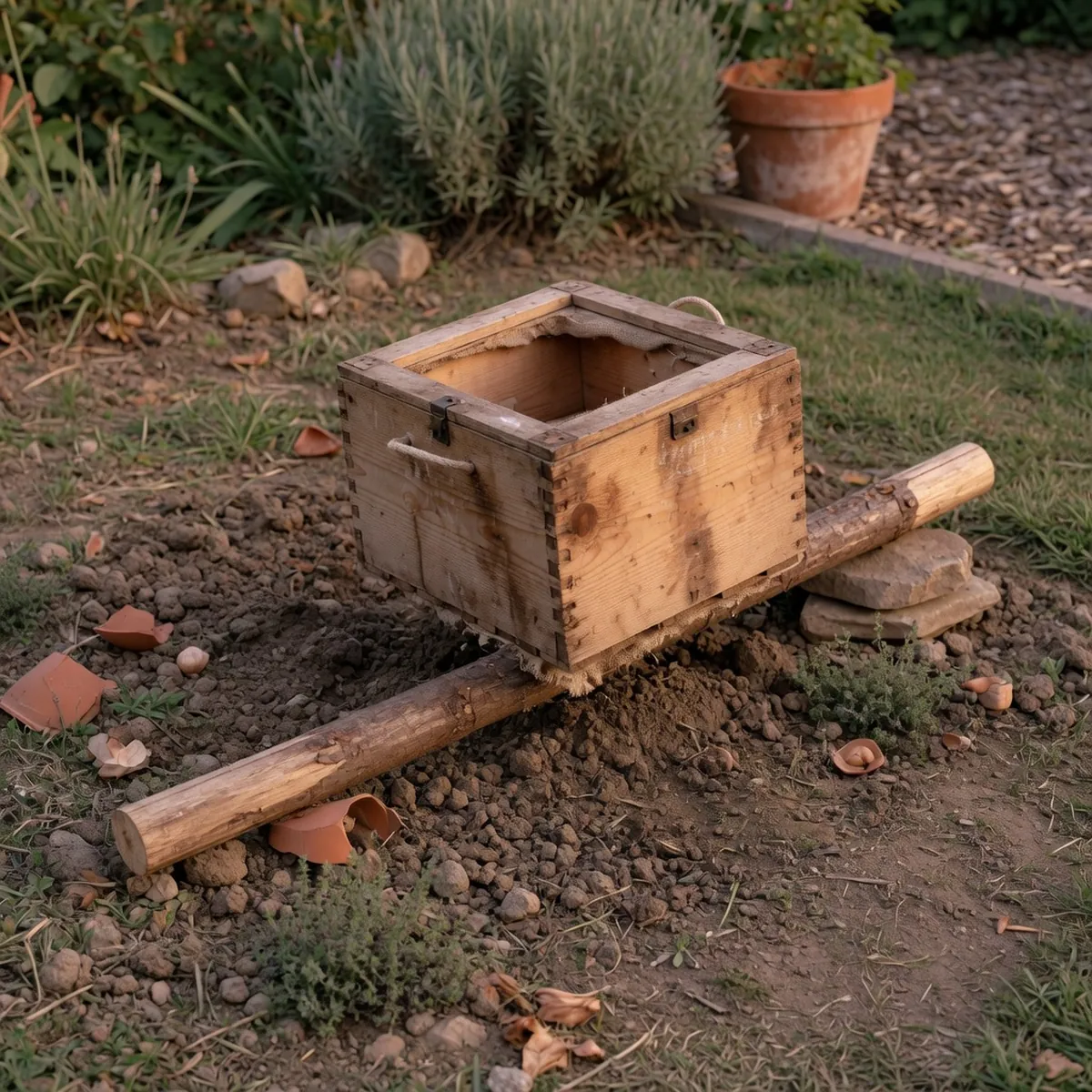 A heavy wooden box balances securely on a thick wooden stick to demonstrate the proper support structure.