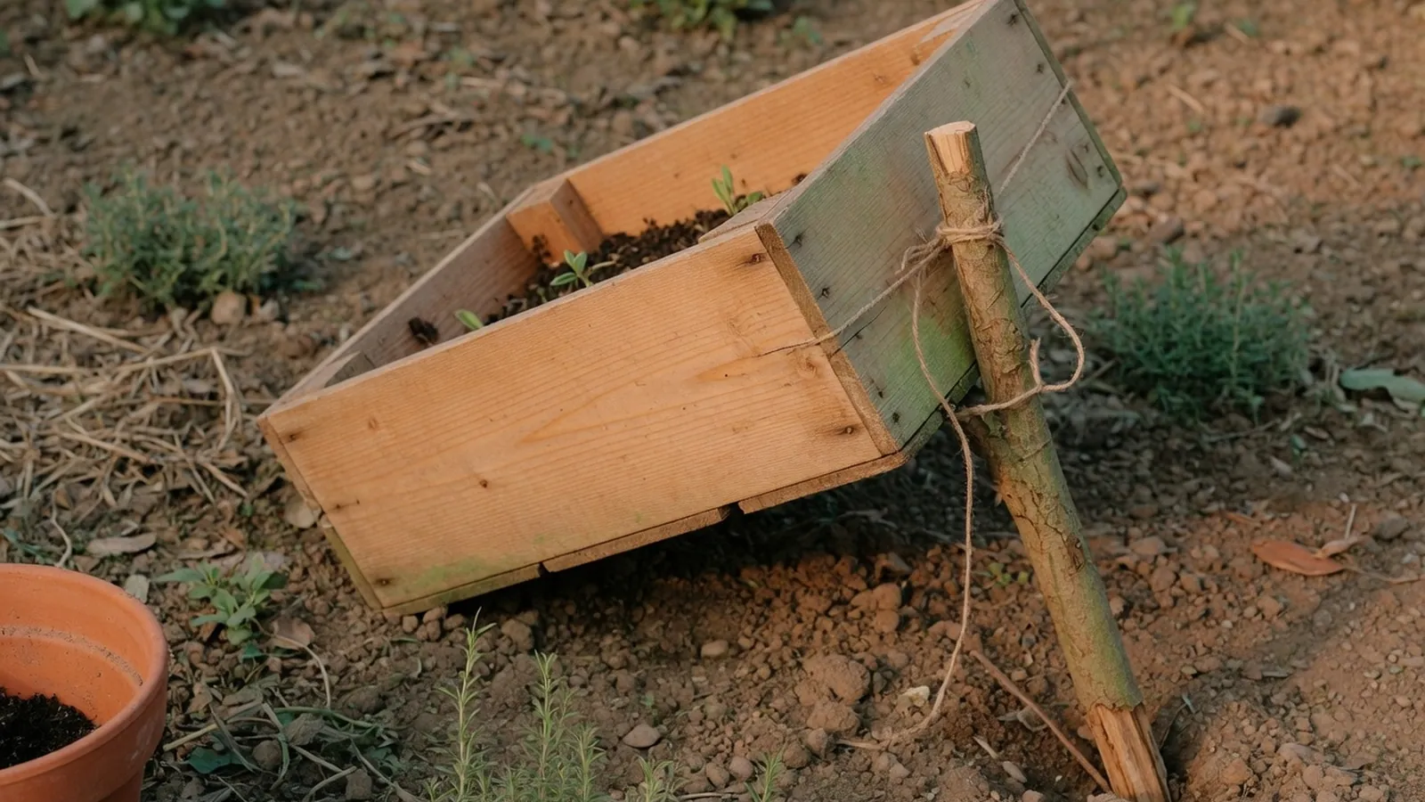 A heavy wooden box rests propped up by a long stick with string attached in a quiet garden.