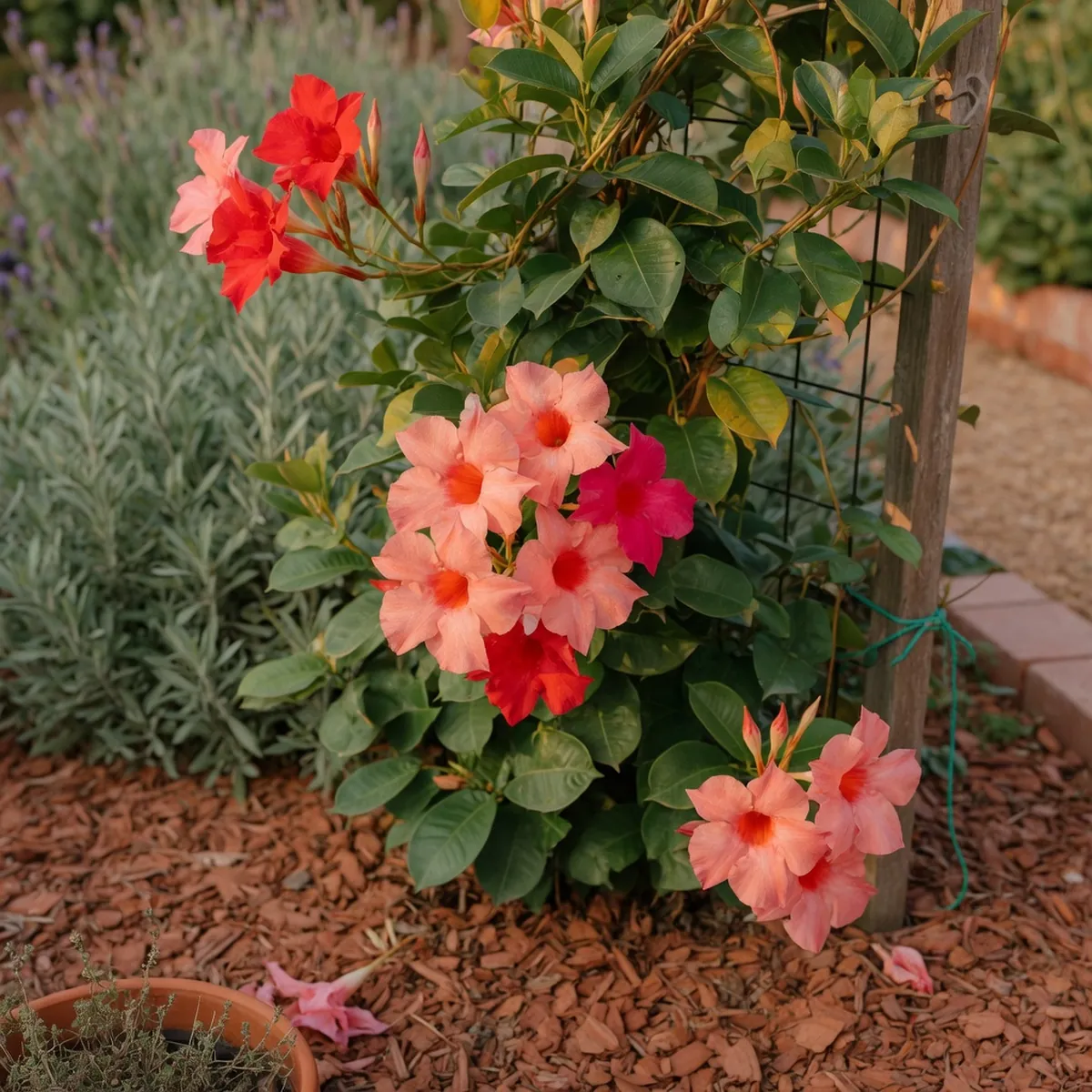 A climbing Mandevilla vine displaying clusters of vibrant red and pink trumpet-shaped flowers against green foliage.