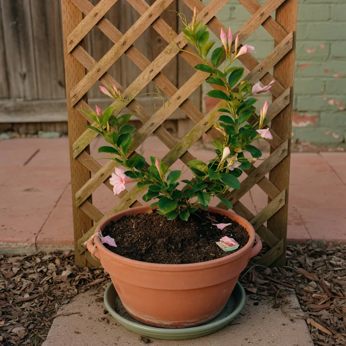 A potted Mandevilla vine growing up a wooden trellis in a rich, dark potting soil mix.