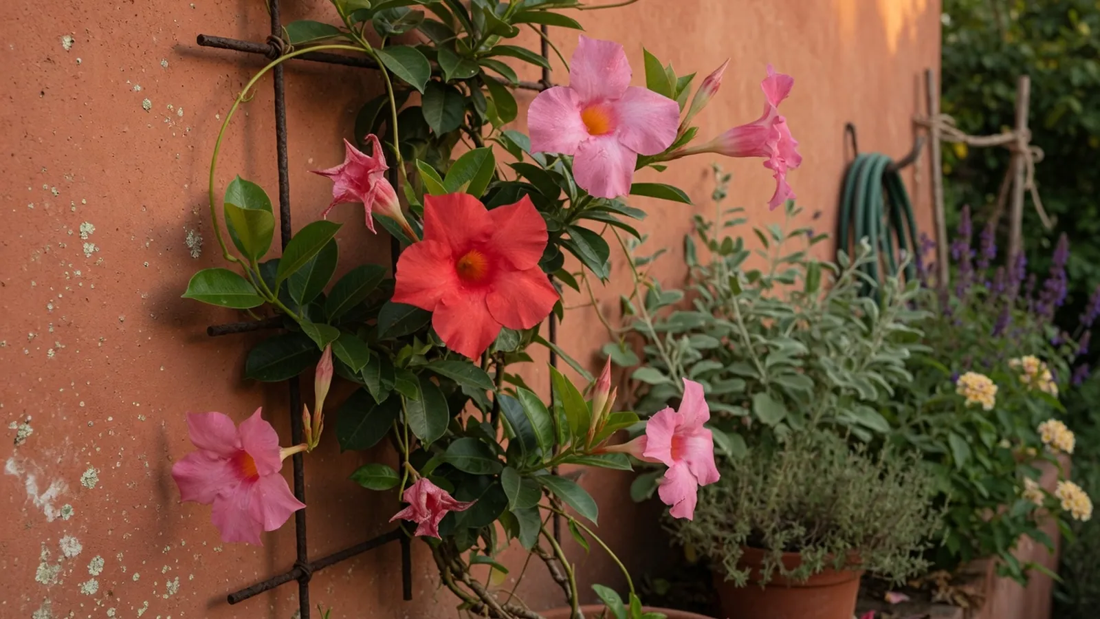 A vibrant Mandevilla vine with large, trumpet-shaped red and pink flowers climbing against a blurred garden background.