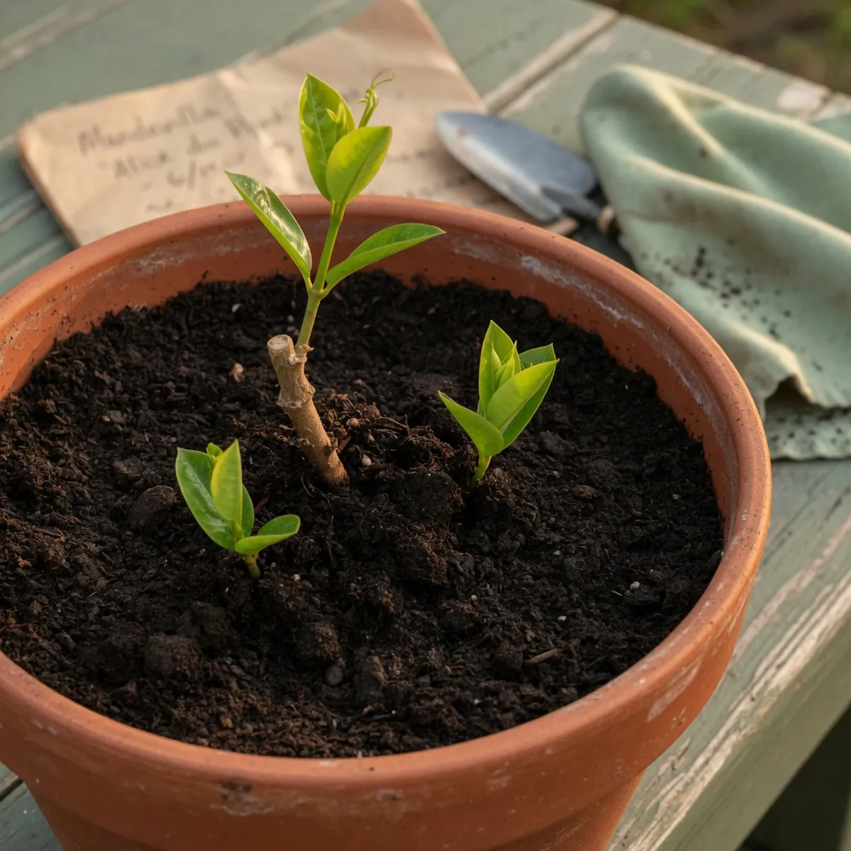 A close-up of a mandevilla cutting in dark soil with fresh green shoots emerging.