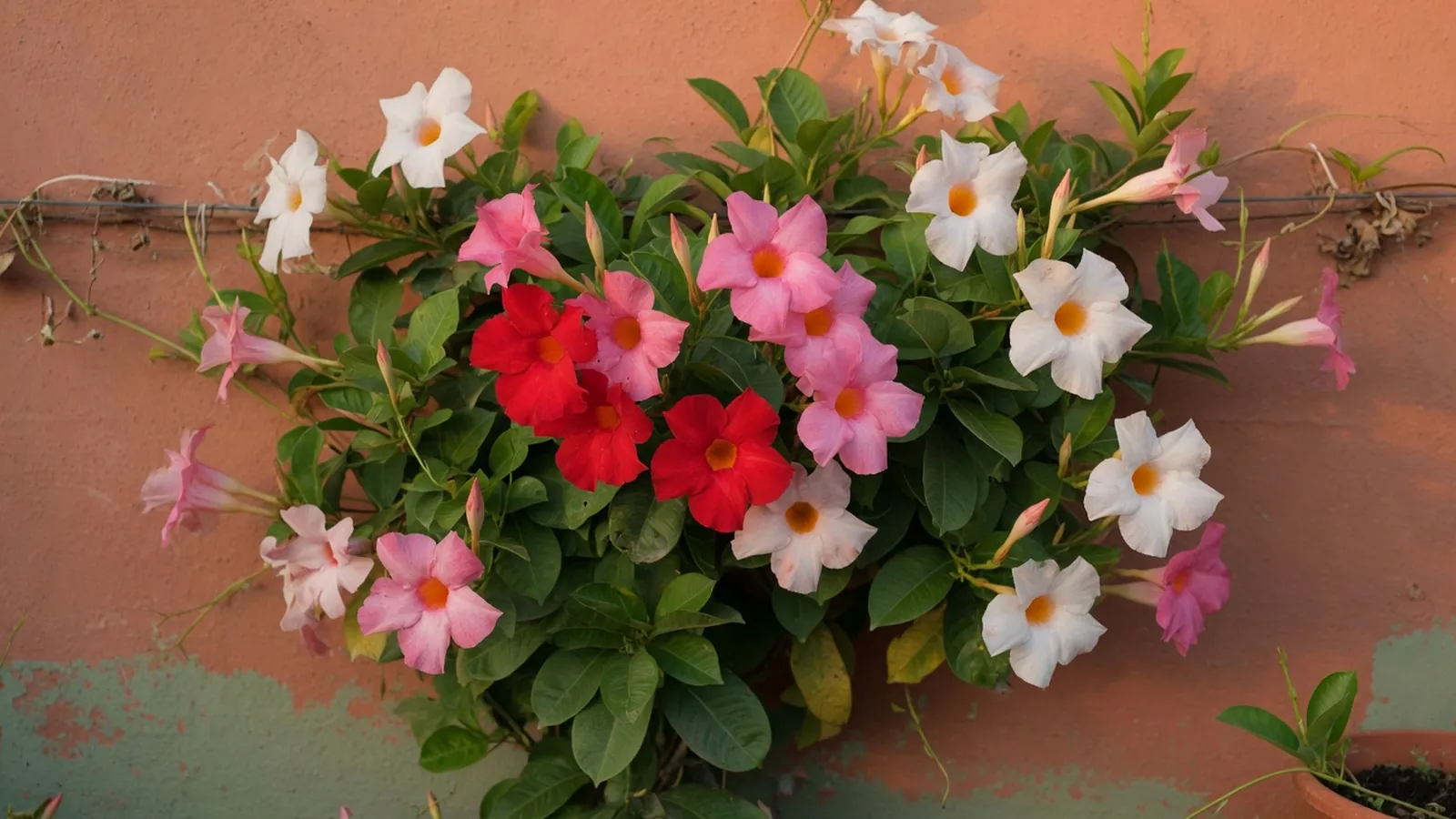 A vibrant mandevilla vine displaying large red, pink, and white trumpet-shaped blooms against lush green foliage.