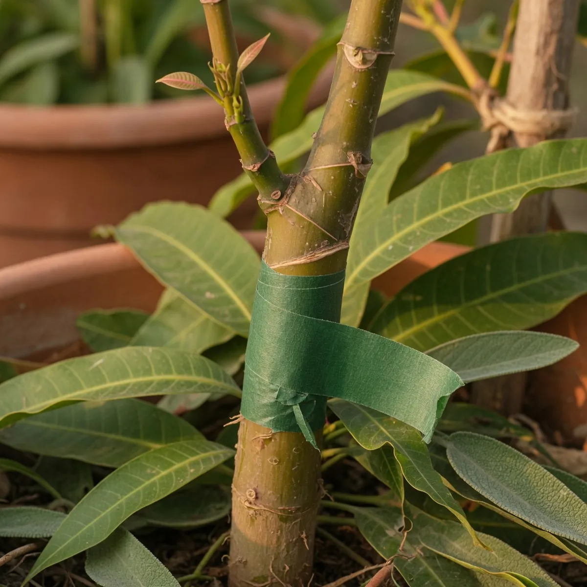A grafted mango rootstock stem wrapped in green horticultural tape.