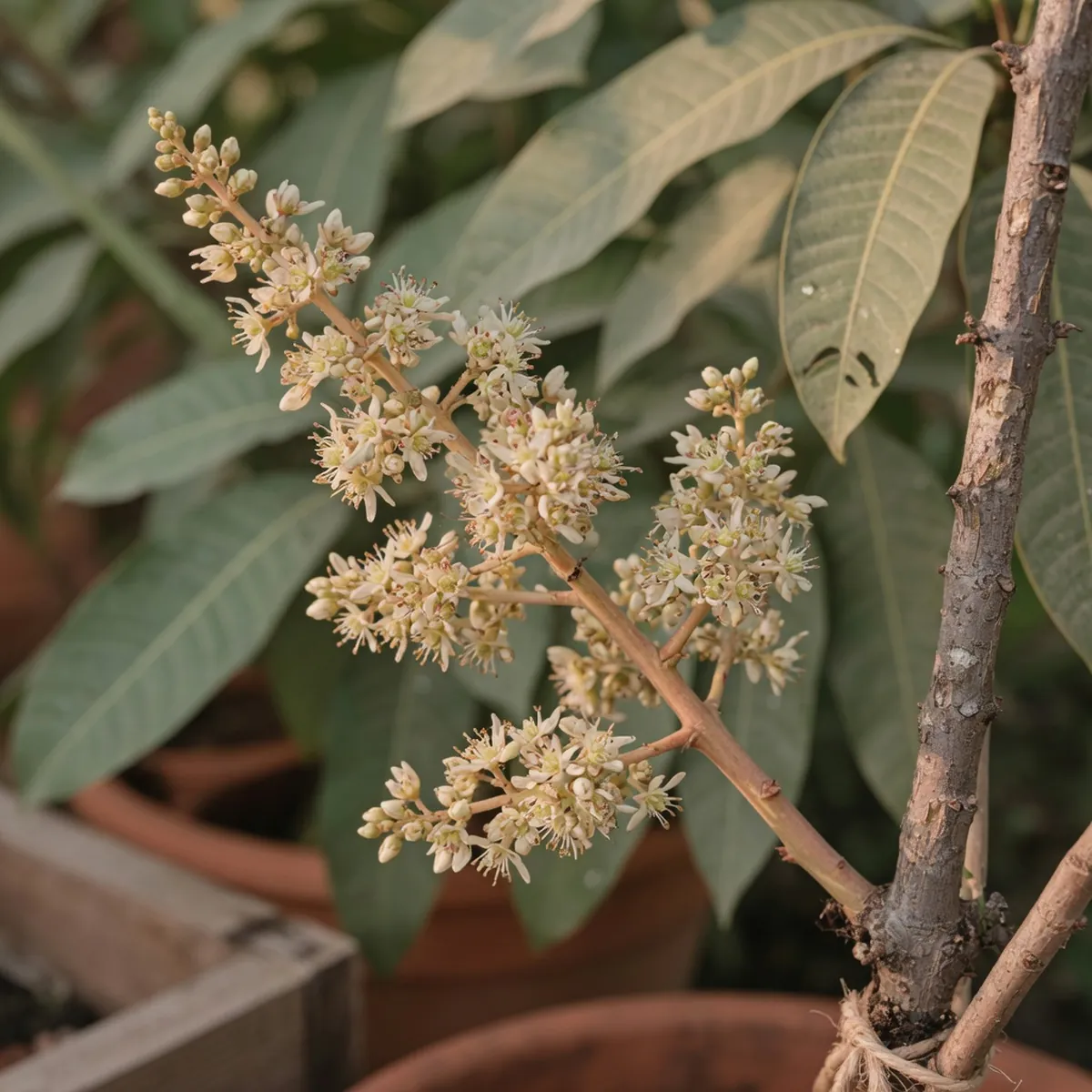 A cluster of small whitish-cream five-petaled mango flowers on a branch.