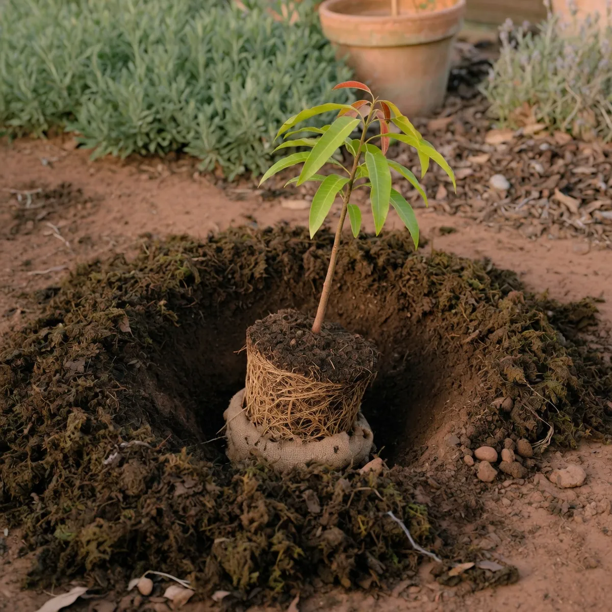 A newly planted mango sapling with its root ball positioned above the soil.