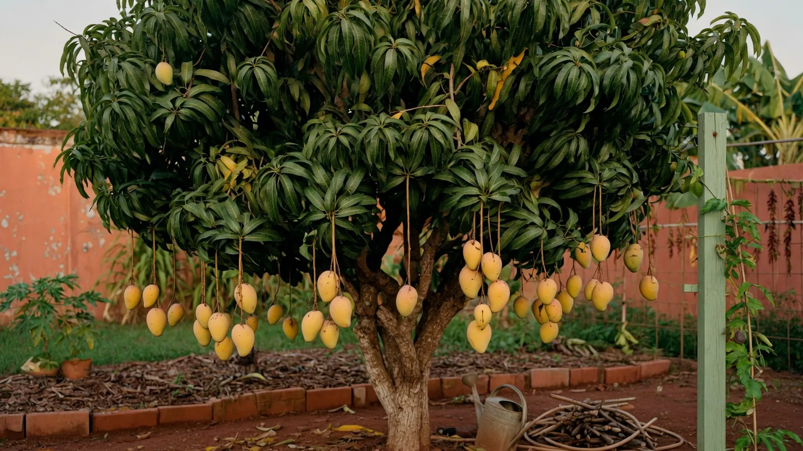 A mature mango tree laden with ripening golden-yellow fruit in a sunlit garden.