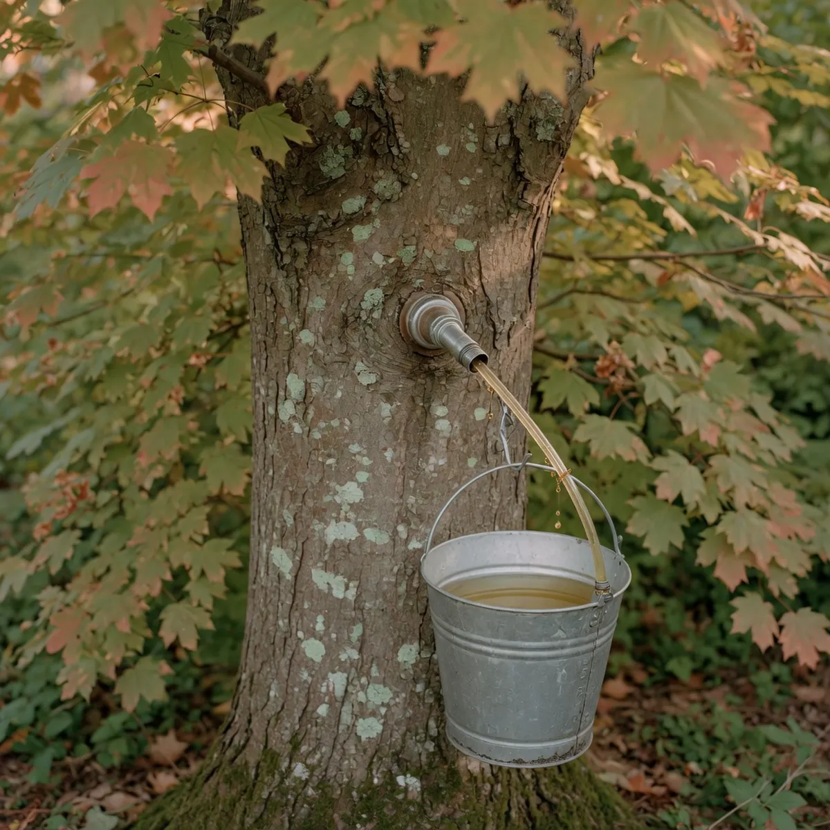A metal spout inserted into a maple tree trunk with a tube leading to a collection bucket.