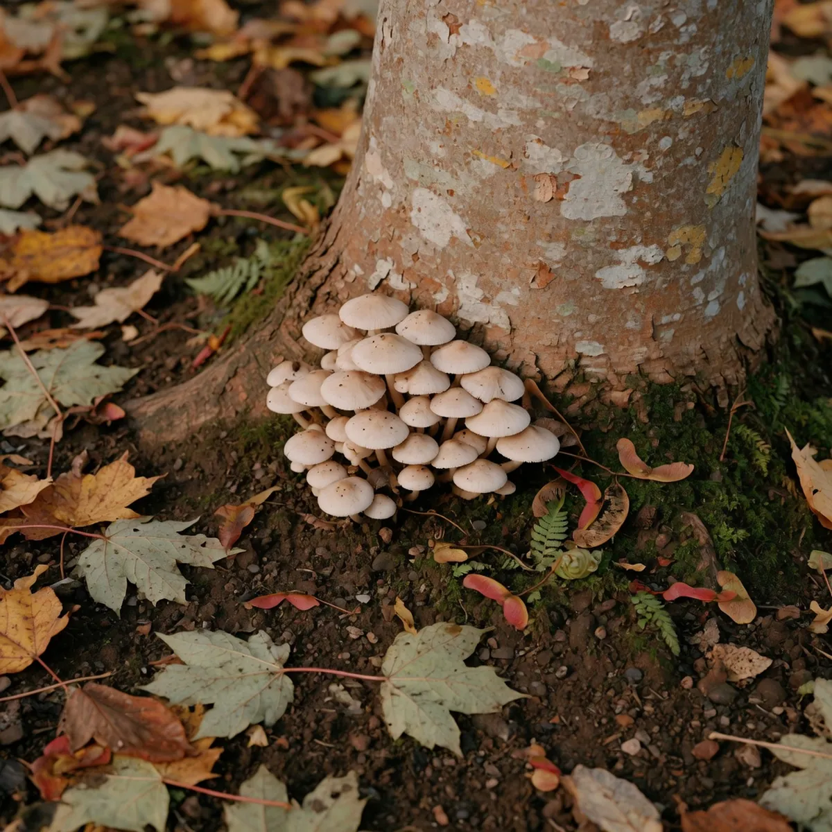 Small pale mushrooms growing at the base of a maple tree trunk in damp soil.