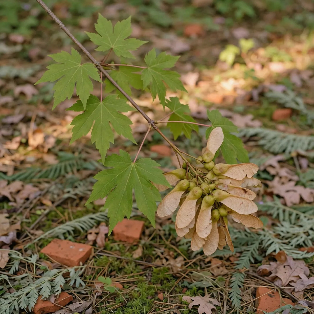 A close-up of five-lobed sugar maple leaves and double-winged samaras hanging from a slender branch.