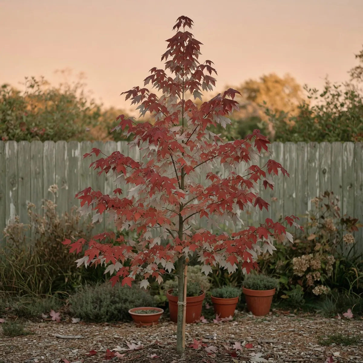A pyramidal red maple tree showcasing triangular leaves with a whitish underside and V-shaped winged fruit.