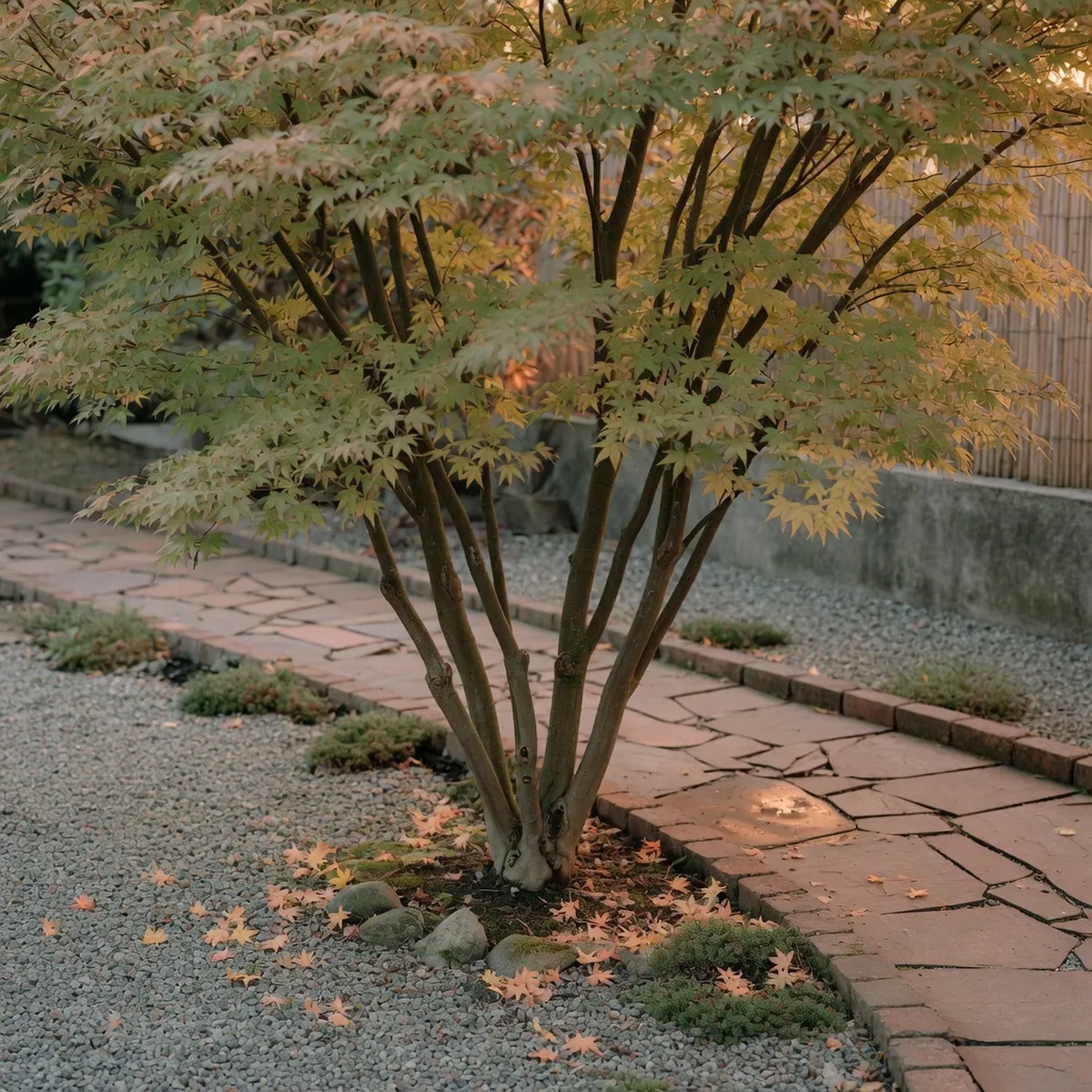 A slow-growing Japanese maple with multiple slender trunks joining near the ground and finely textured foliage.