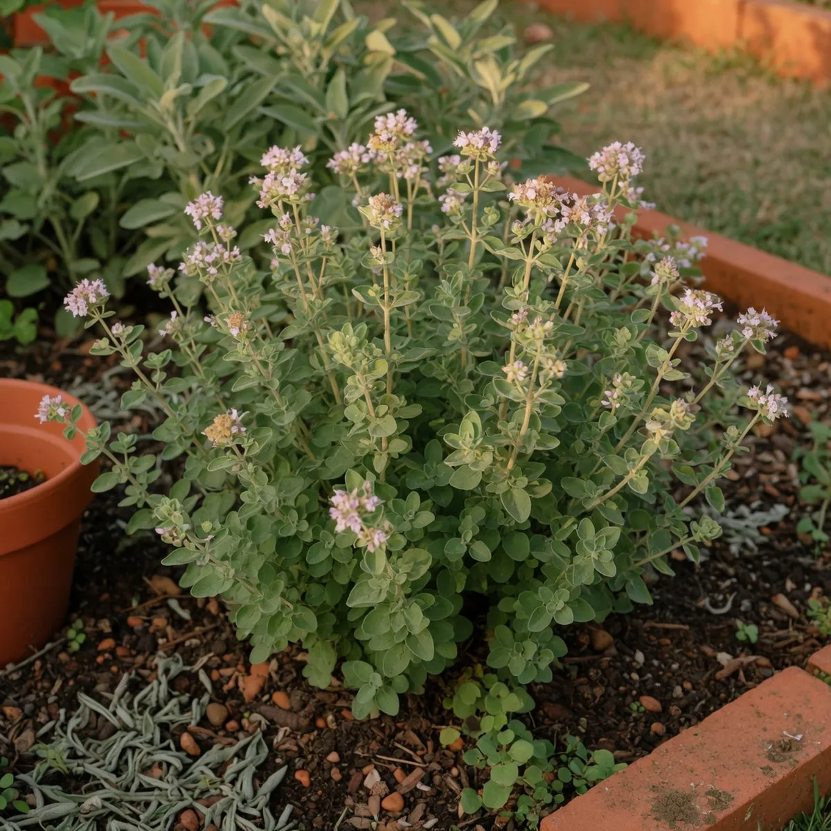 A healthy marjoram plant displaying small pinkish-white flowers among soft green foliage in a garden bed.