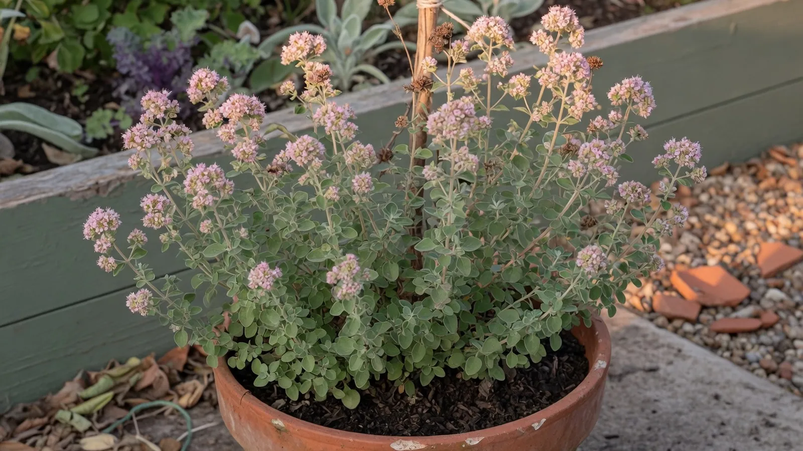 A lush marjoram herb plant with soft green foliage and small pinkish-white flowers growing in a garden.