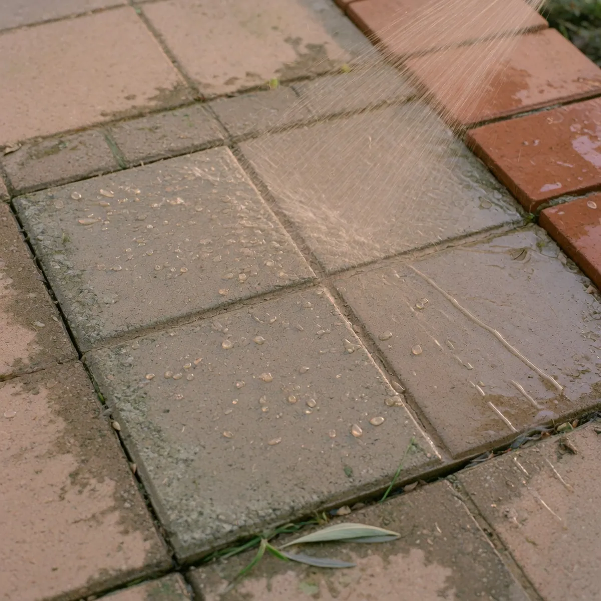 A close-up view of a garden hose spraying water onto textured concrete pavers, washing away dirt and revealing a cleaner surface.