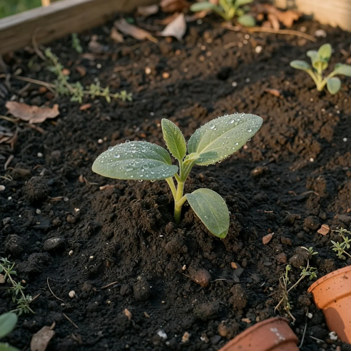 A young Mexican bird of paradise seedling emerging from dark garden soil after careful planting.