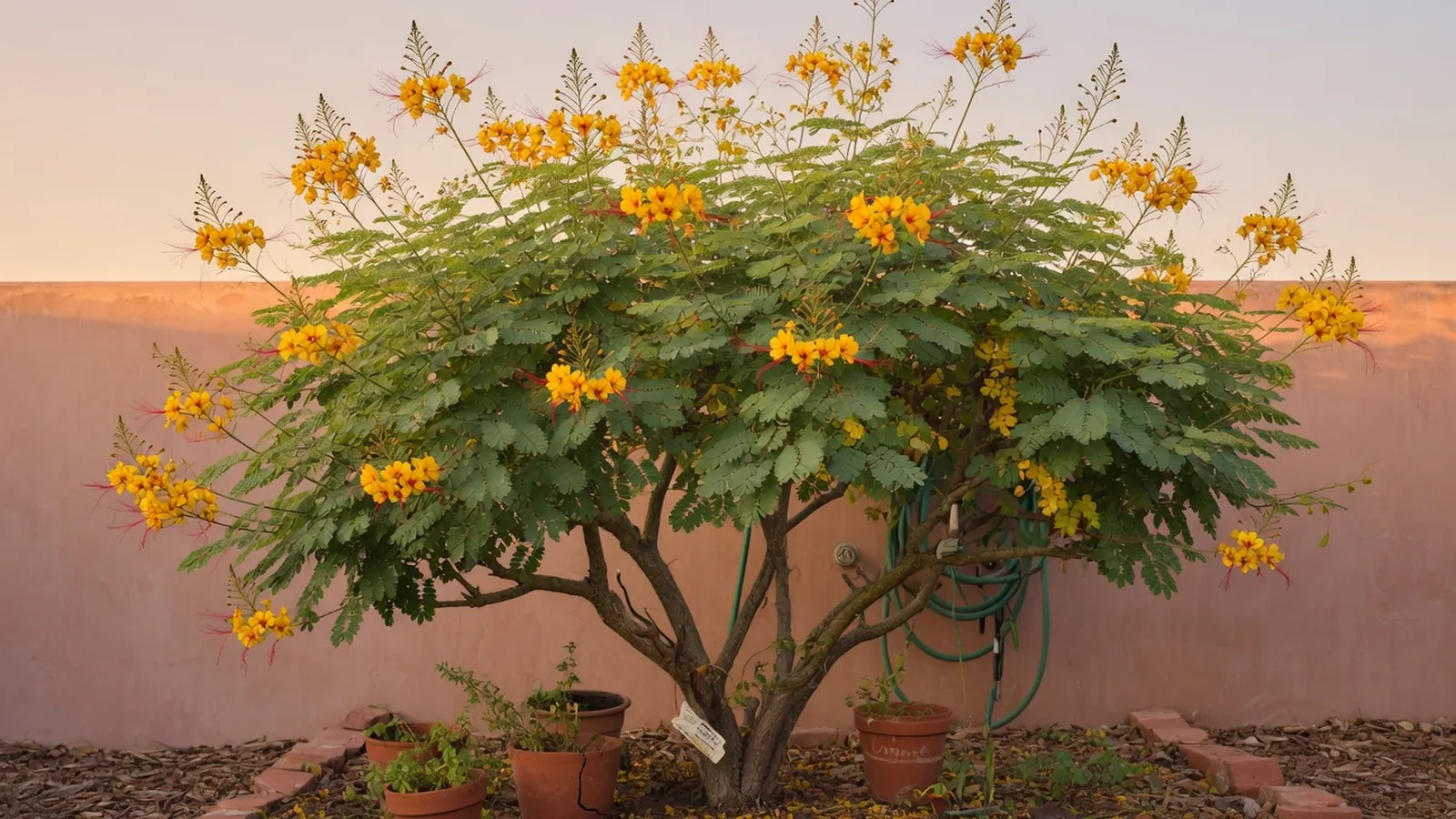 A Mexican bird of paradise tree displaying bright yellow flowers with long red stamens in a sunny garden.