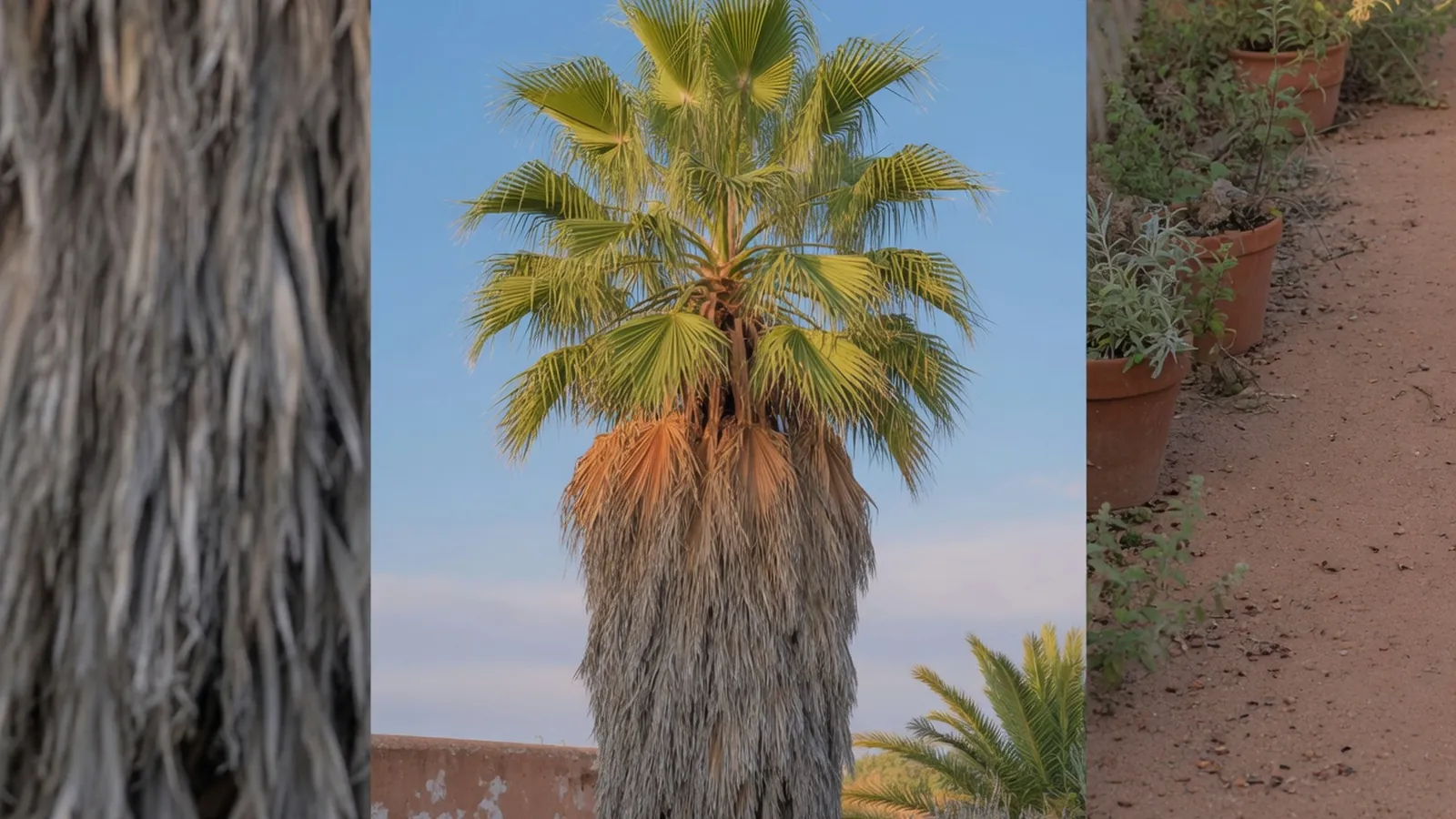 A tall Mexican fan palm tree with a slender shaggy trunk and green palmate leaves against a clear sky.