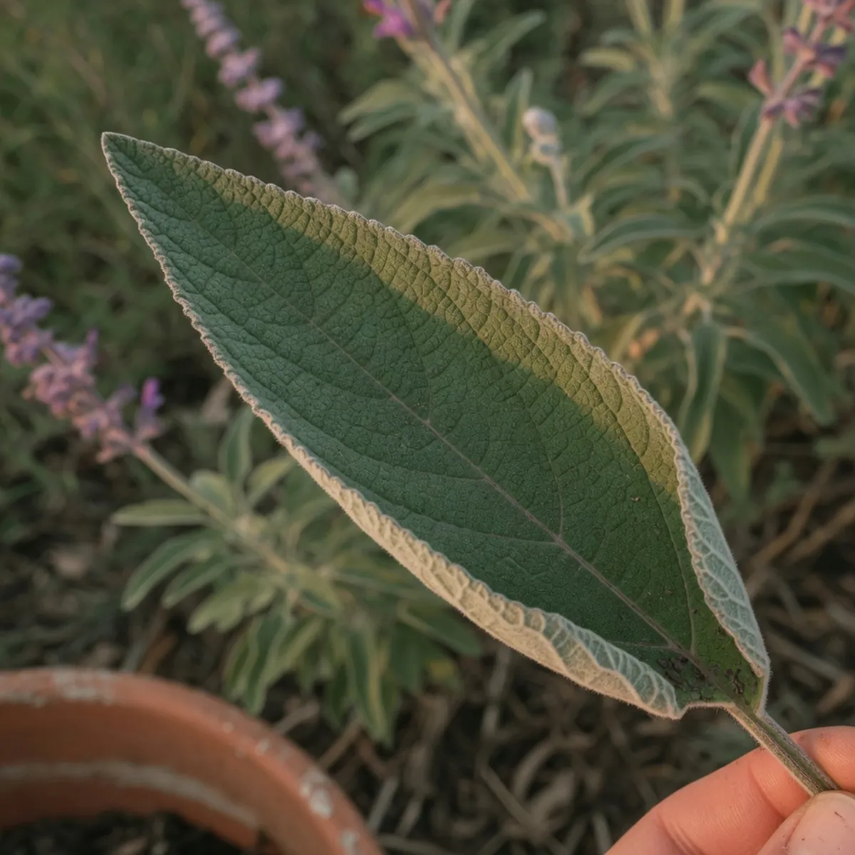 A close-up of a lanceolate Mexican sage leaf showing its green top and fuzzy white underside.