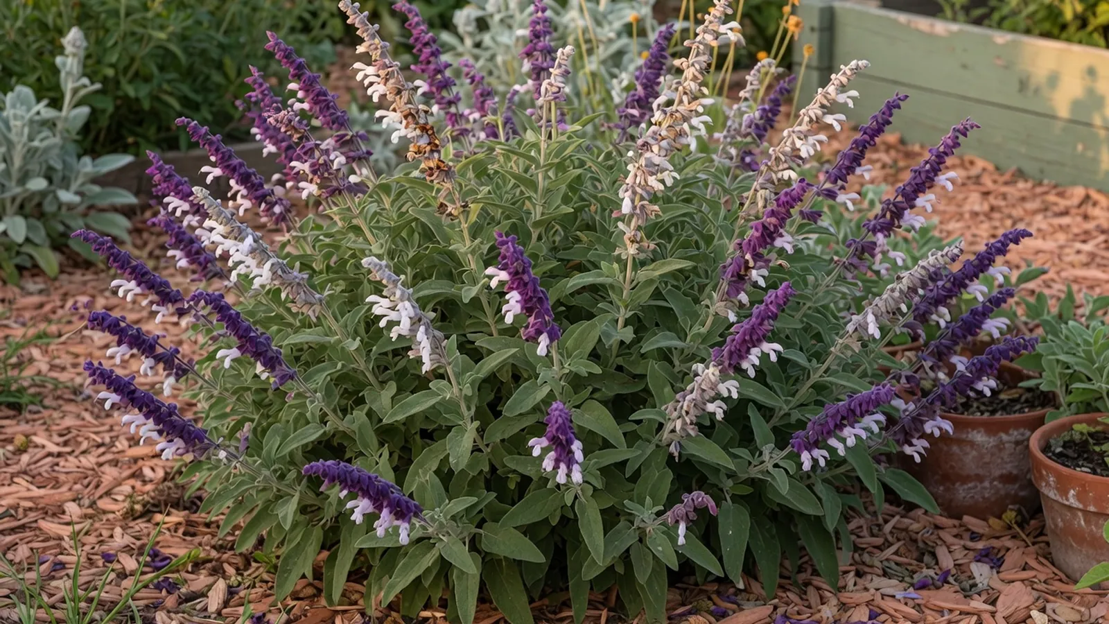 A vibrant Mexican sage bush in full bloom, displaying its characteristic purple and white velvety flowers against lush green foliage.