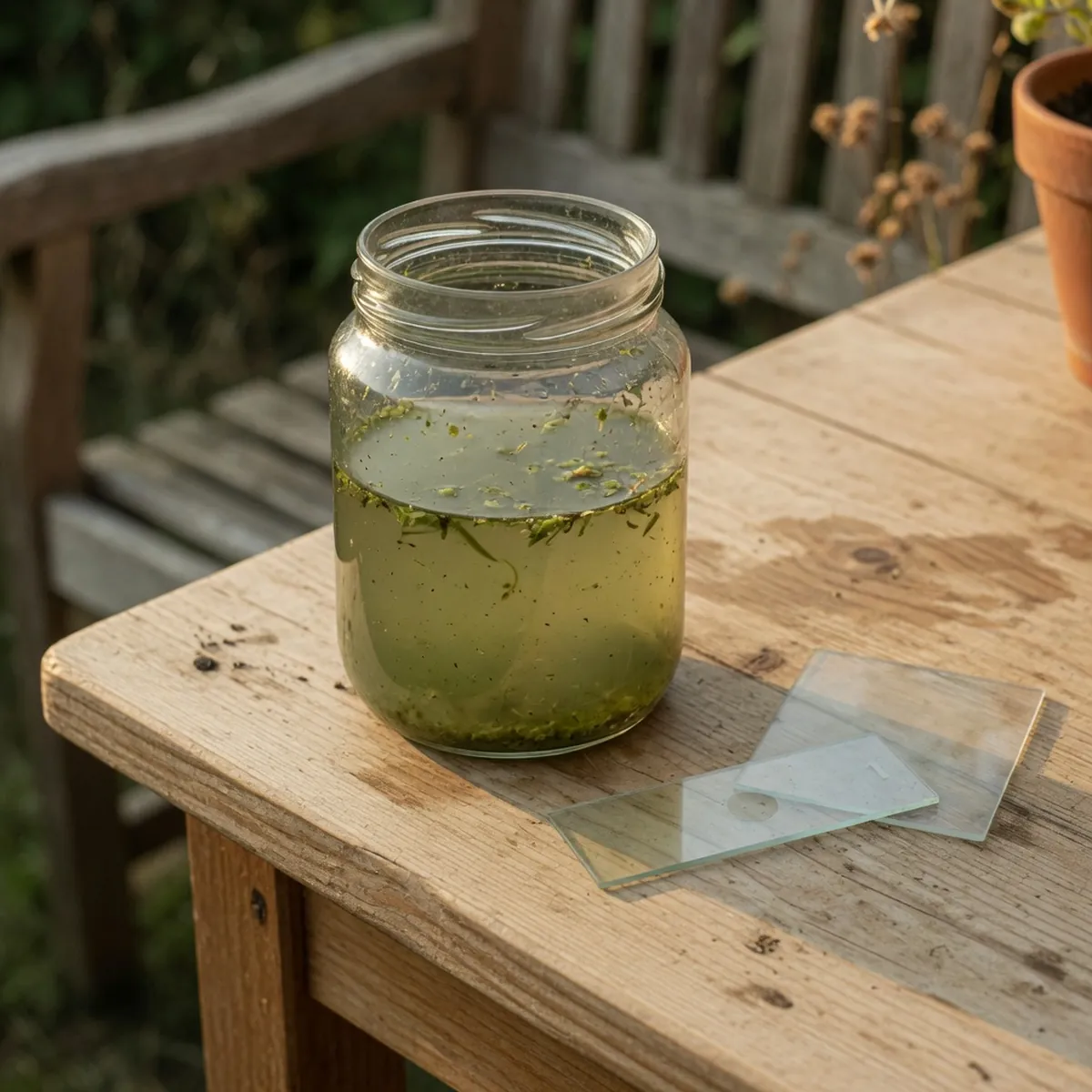 A clear glass jar filled with greenish pond water sits beside a glass microscope slide and a thin cover slip on a wooden surface.