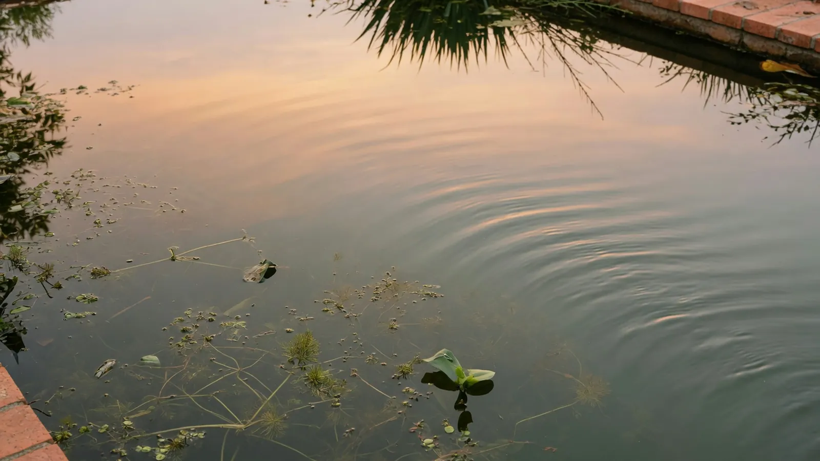 A calm pond surface reflecting the sky with gentle ripples and submerged aquatic plants visible beneath.