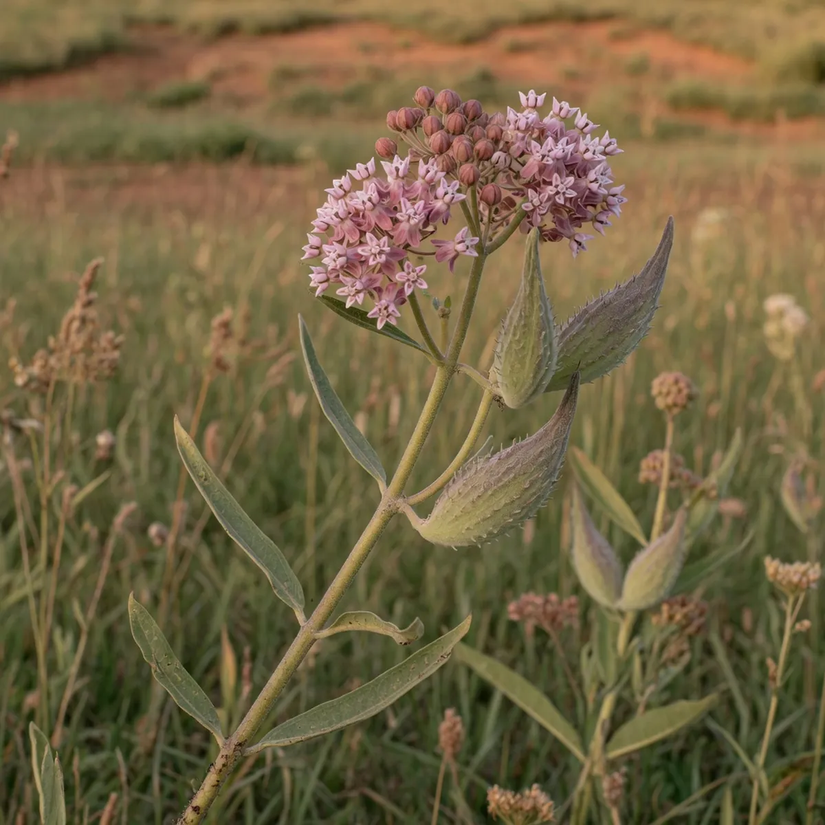 A cluster of pink to lavender milkweed flowers transitioning into tear-drop shaped seed pods on a single stem.
