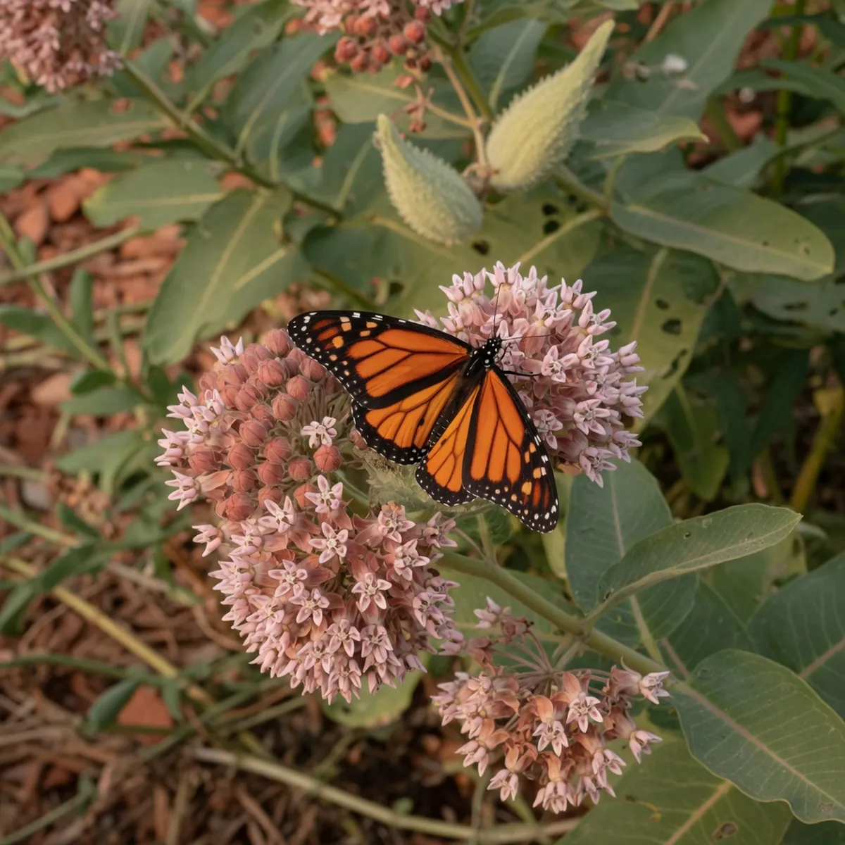 A bright orange and black monarch butterfly resting on a milkweed flower cluster.