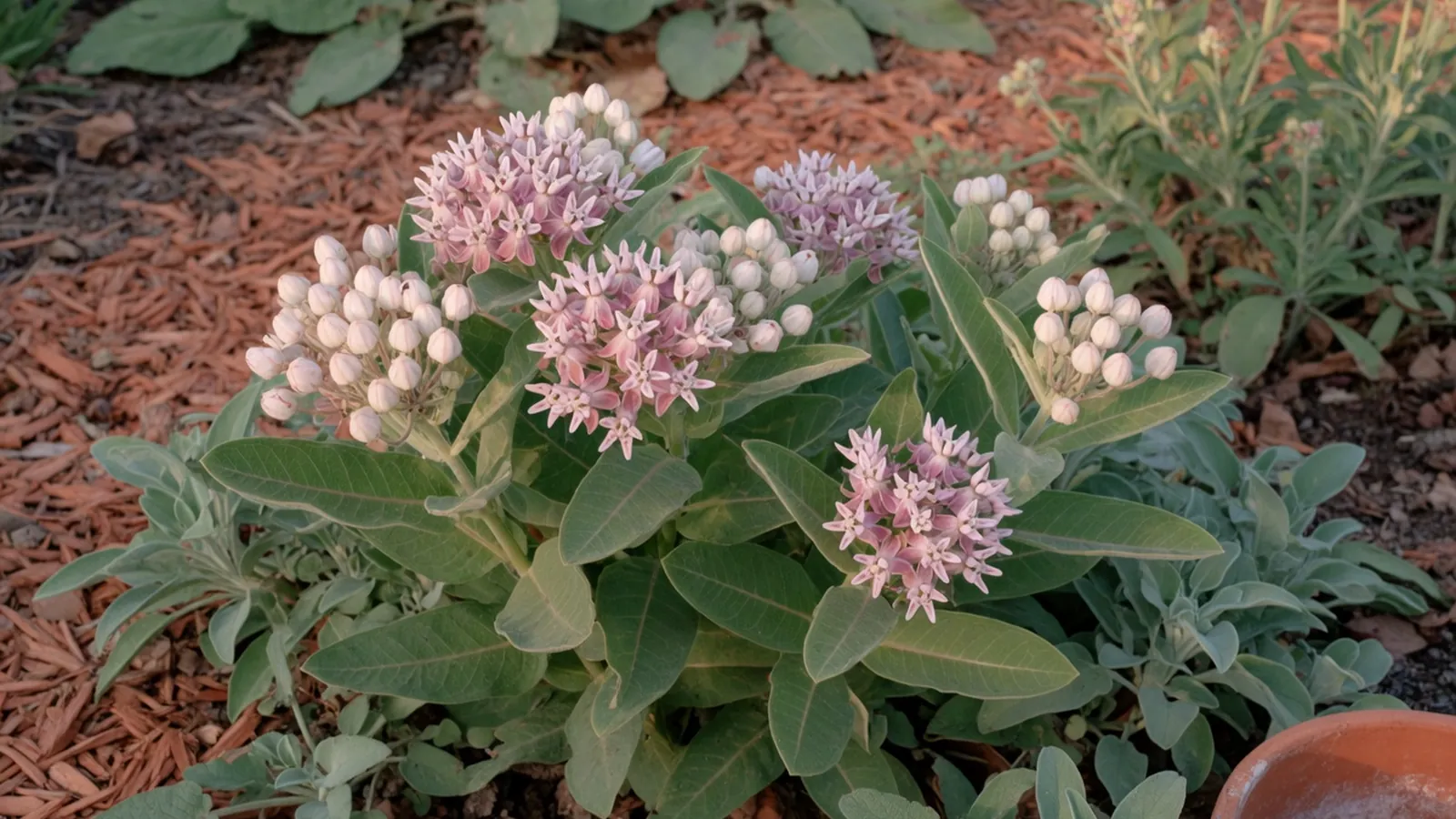 A cluster of pink and white milkweed flowers blooming among broad green leaves in a sunny garden bed.