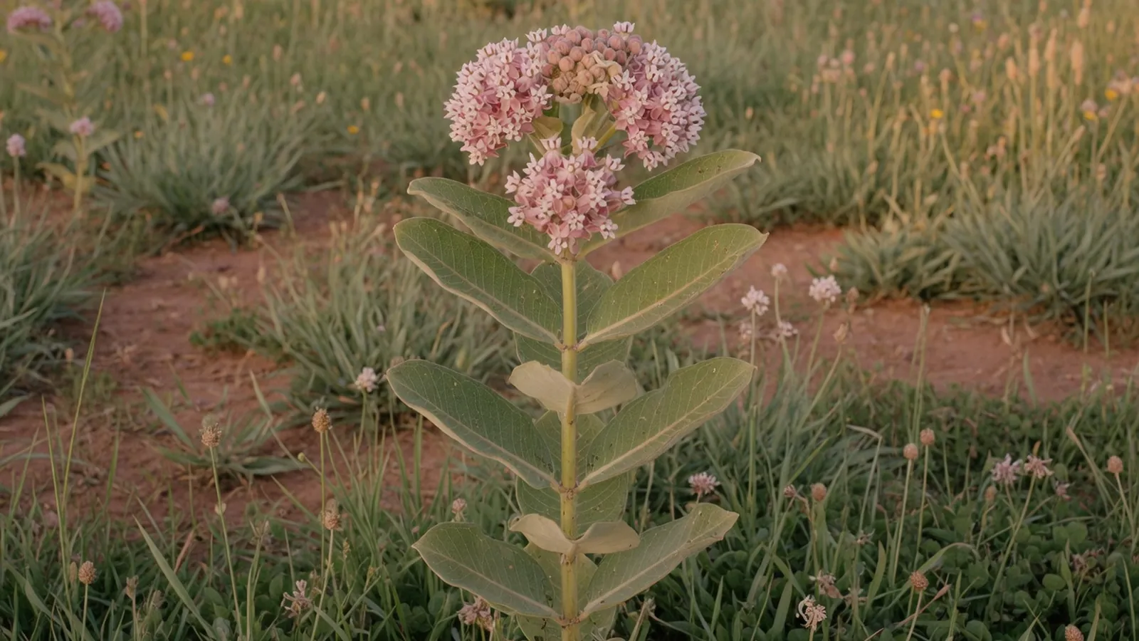 A mature milkweed plant standing tall in a sunlit meadow with oval leaves and a cluster of pink to lavender flowers.