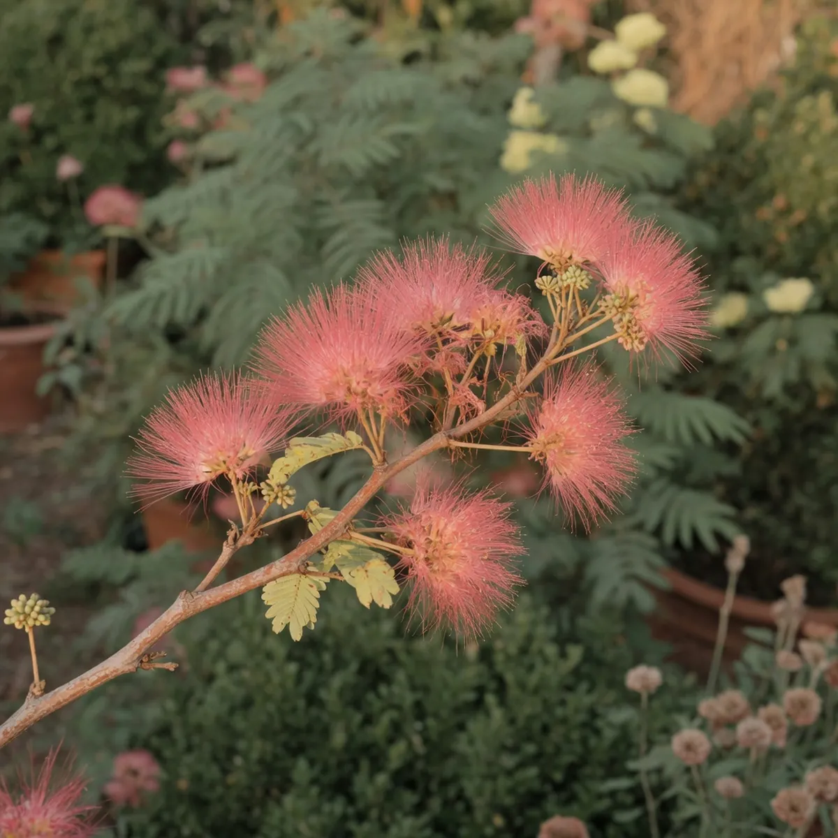 A close-up of a mimosa branch showing clusters of pink thread-like stamens.