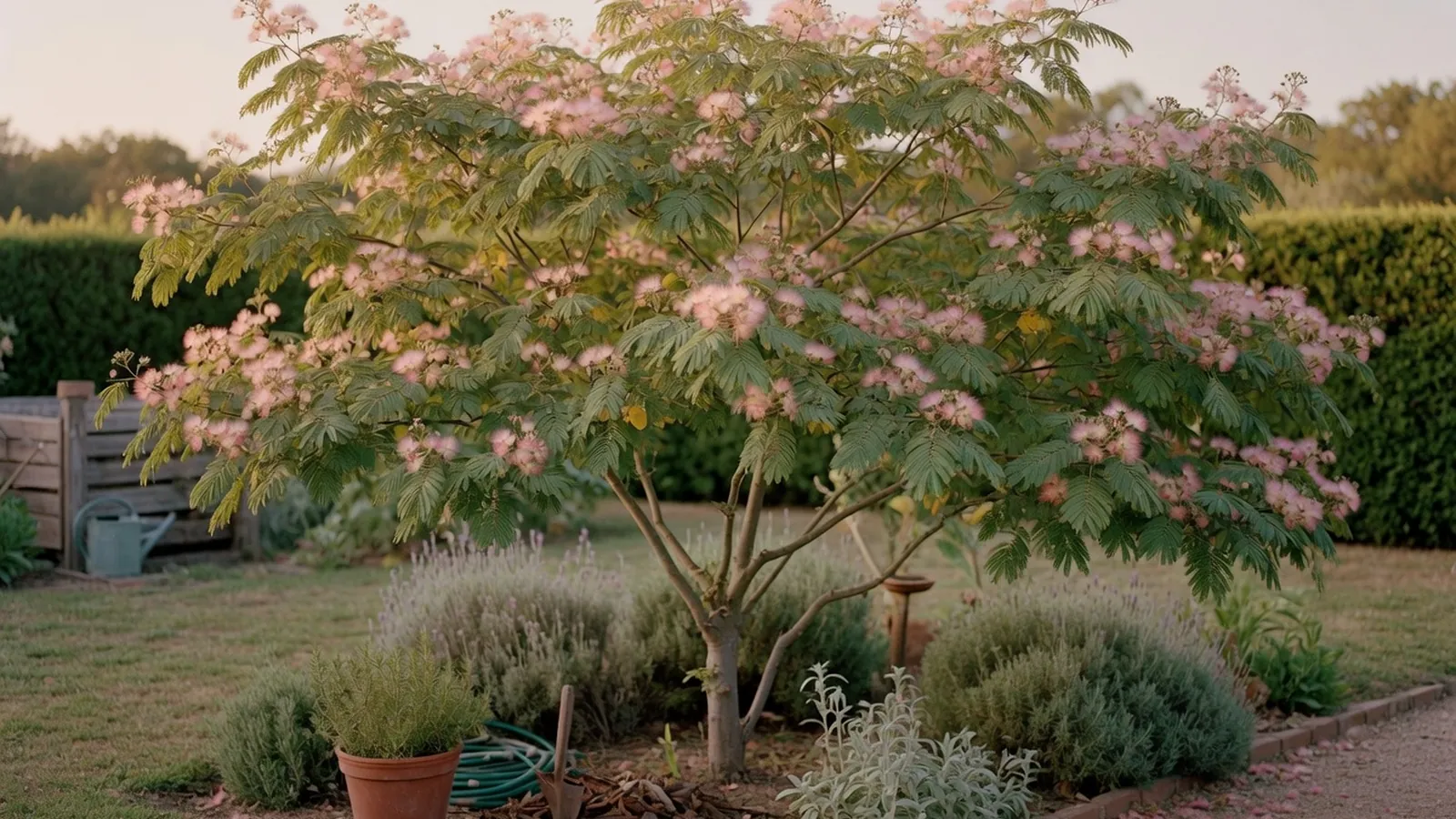 A mimosa tree in full bloom with delicate pink flowers and feathery foliage.