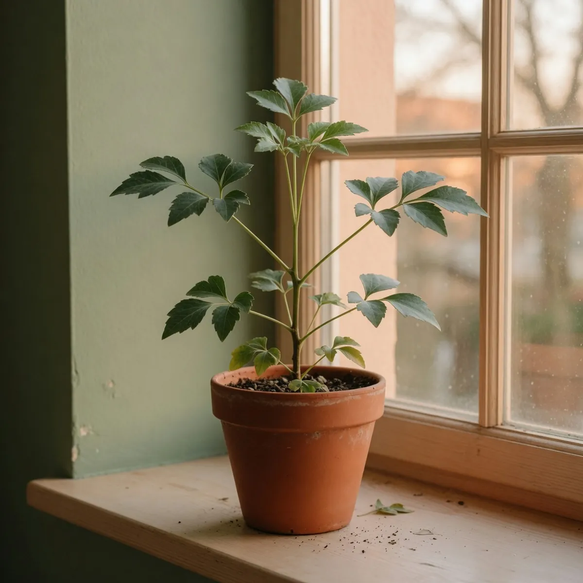 A potted ming aralia plant displays symmetrical branching and trifoliate foliage.