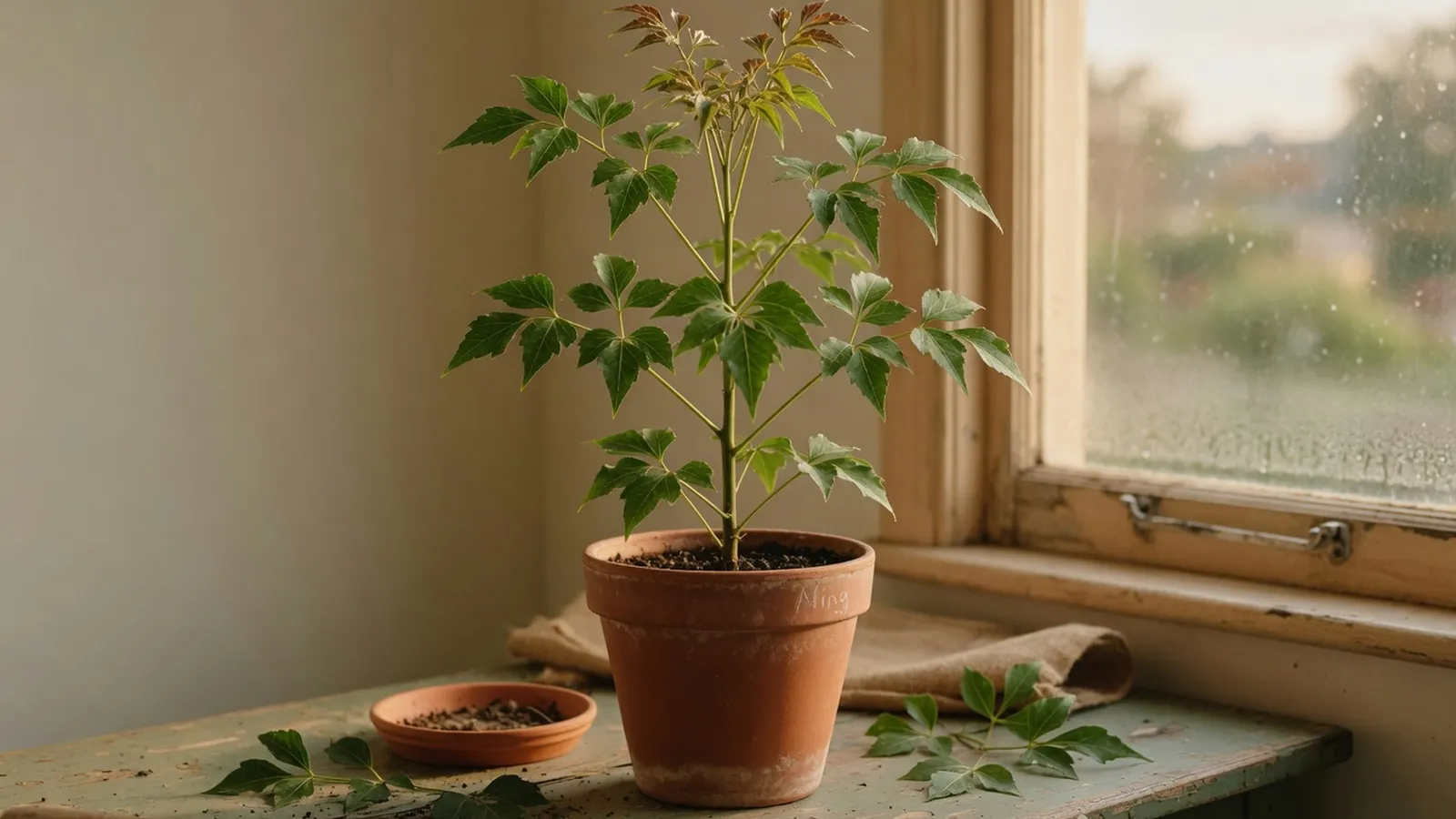 A potted ming aralia houseplant features upright growth and trifoliate foliage.