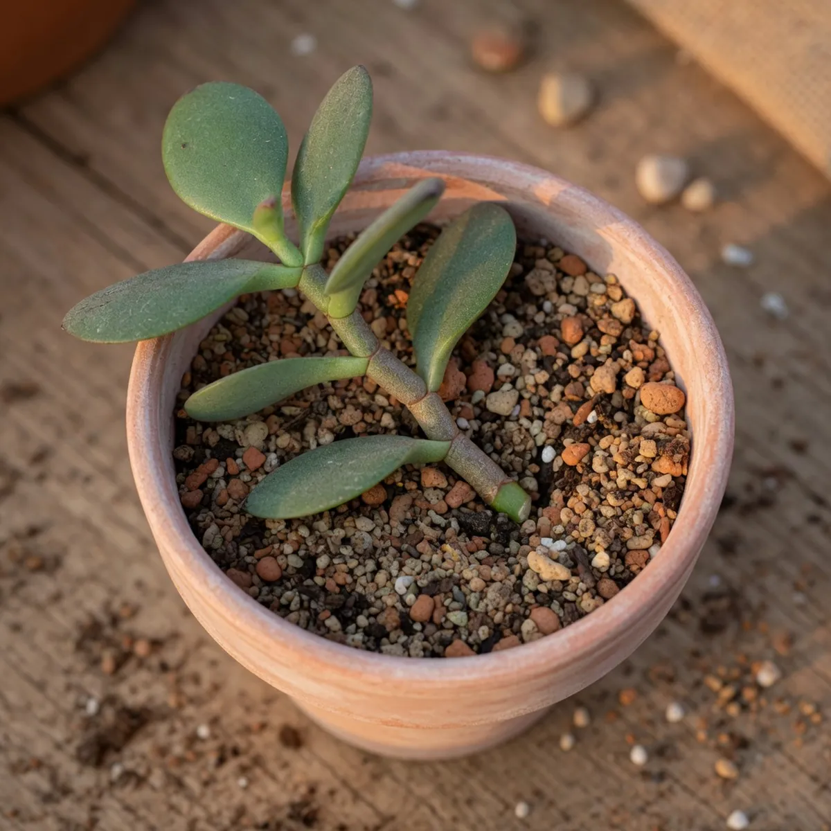A jade plant stem cutting with fleshy green leaves resting on gritty potting mix in a small terracotta pot.