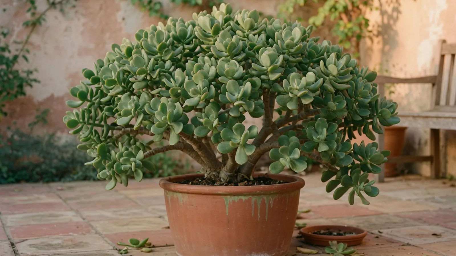 A mature jade plant displaying thick, smooth, opposing pairs of fleshy jade-green leaves in a ceramic pot.