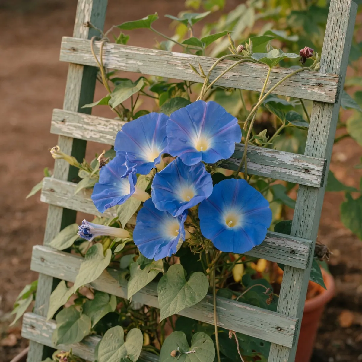 A cluster of vibrant blue morning glory blooms unfurling on a weathered wooden trellis in bright daylight.