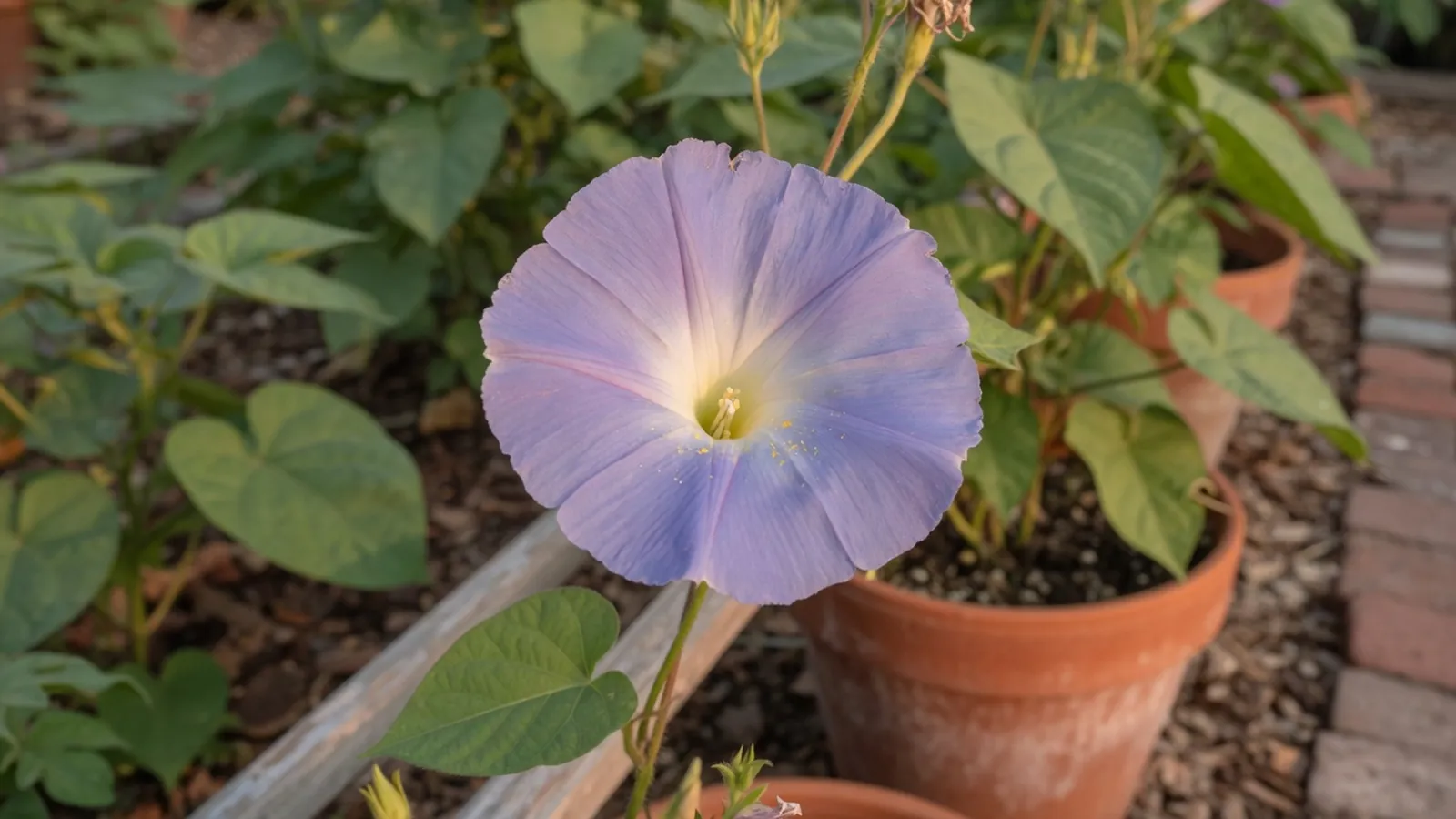 A single saucer-shaped morning glory flower in full bloom against a soft green garden backdrop.