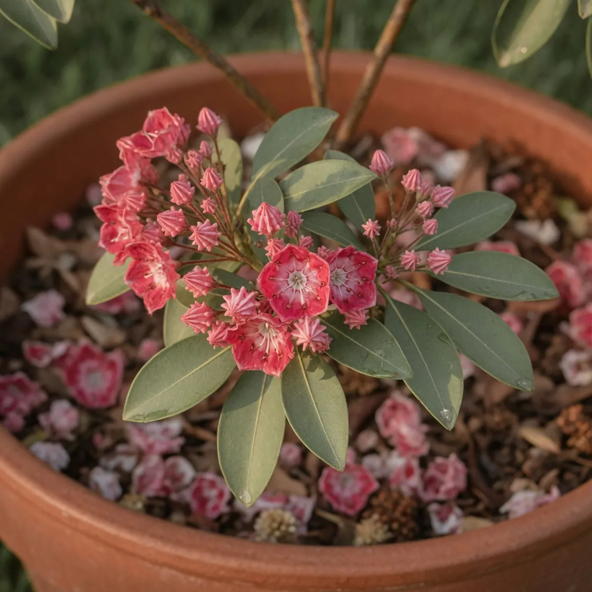 Close-up of mountain laurel blossoms displaying pink and cream hues among smooth oval leaves.