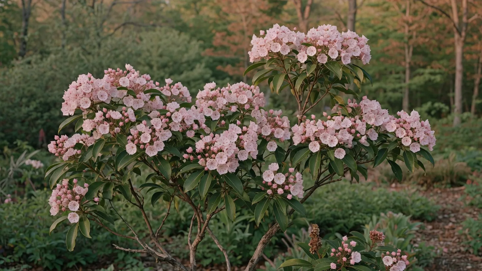 A blooming mountain laurel shrub displaying clusters of pink and white flowers against glossy green foliage.