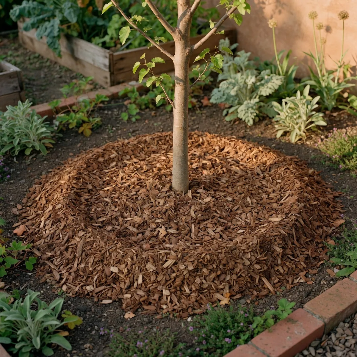 A circular layer of brown wood chip mulch spread evenly around the base of a young mulberry tree.