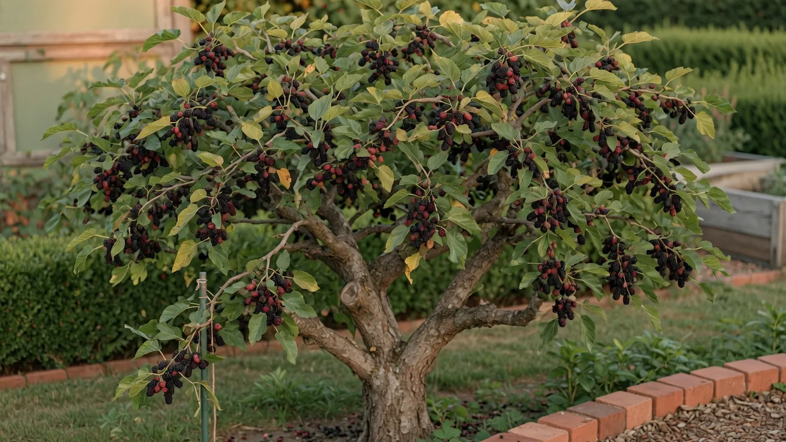 A mature mulberry tree displaying heavy clusters of dark purple berries against a backdrop of green foliage.