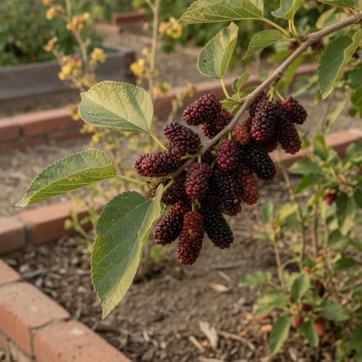 A cluster of deep red mulberry fruits hanging from a branch with textured green leaves.
