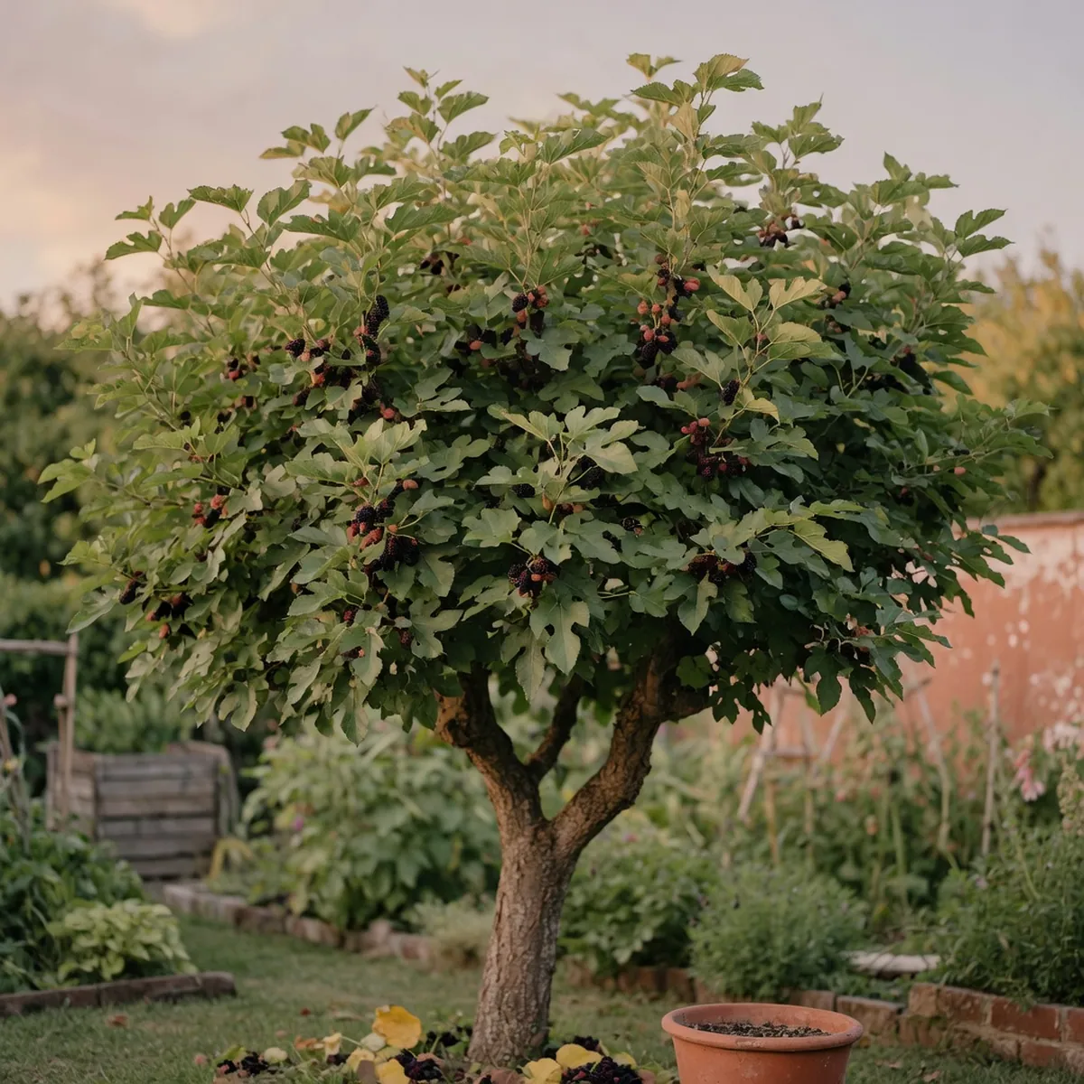 A mulberry tree displaying its characteristic lobed leaves and clusters of dark fruit against a garden background.