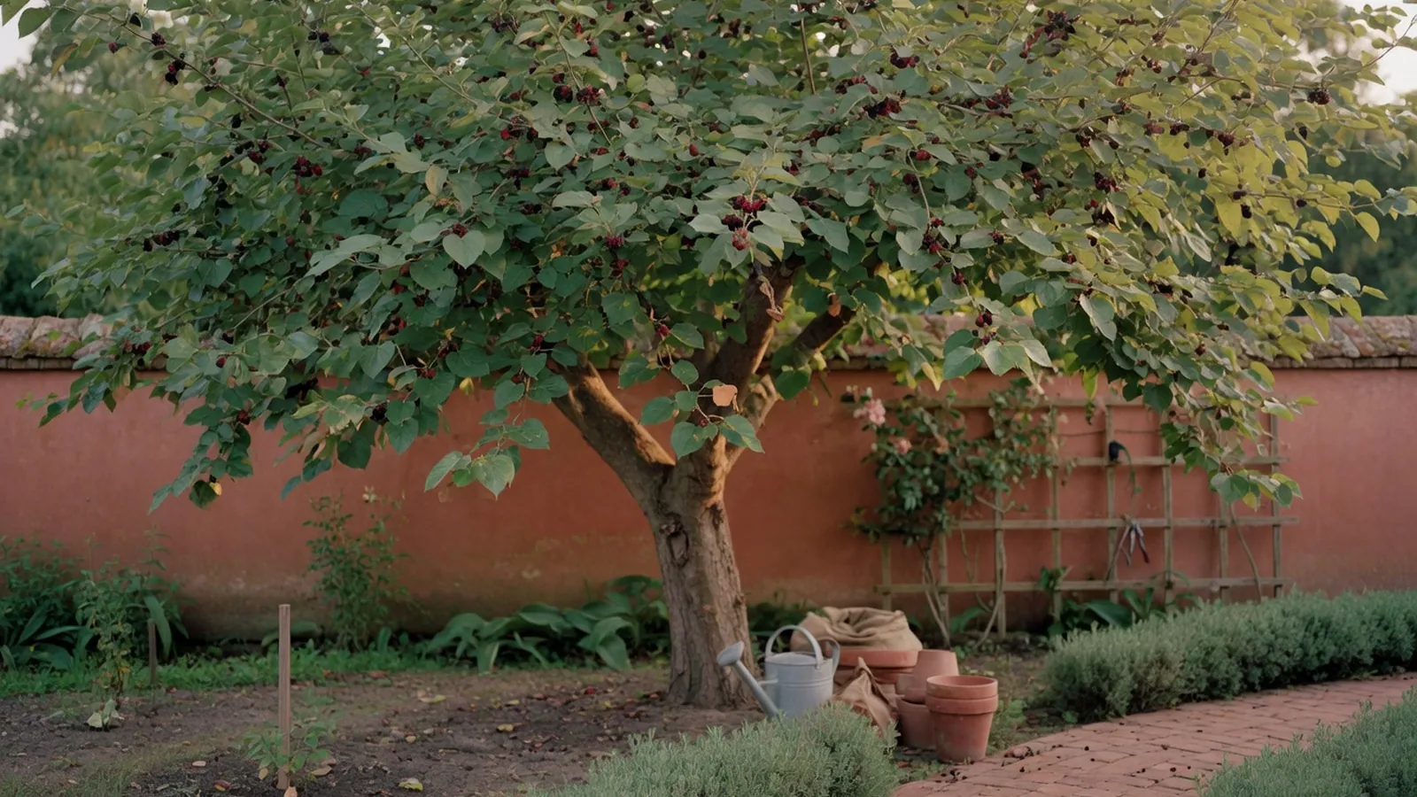 A healthy mulberry tree in full leaf with clusters of ripening fruit, set in a temperate garden.