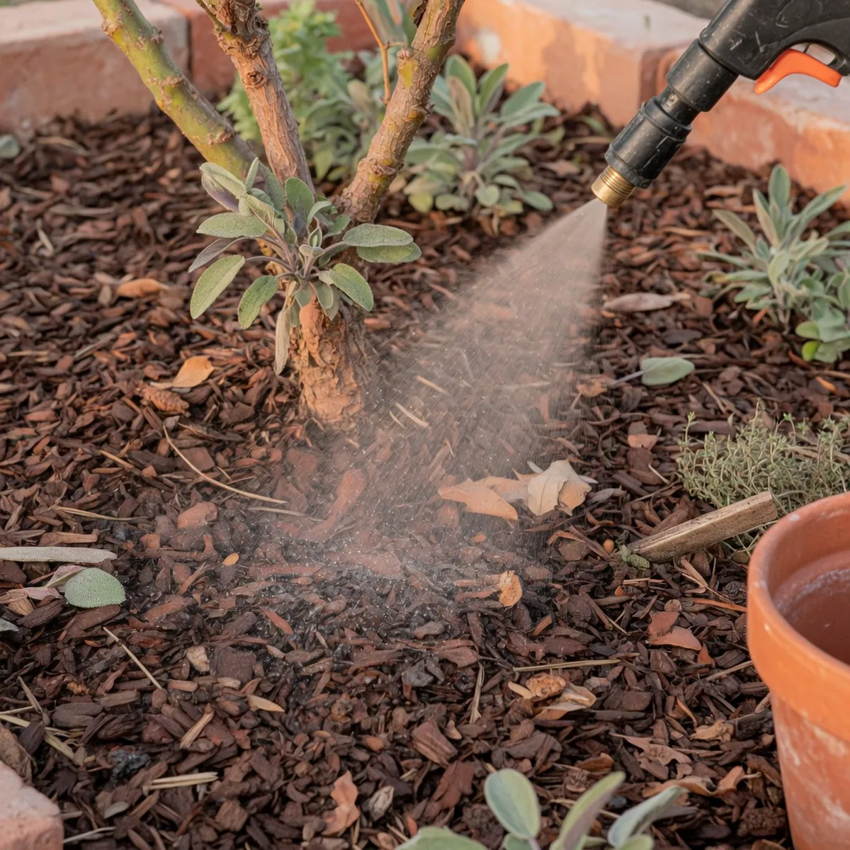 A garden sprayer nozzle releasing a fine mist over a mulched garden bed.