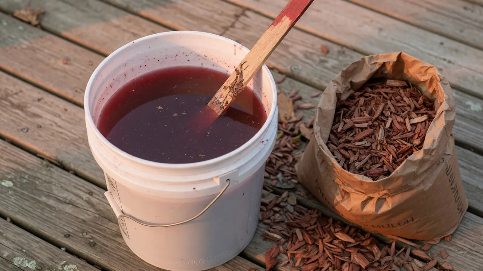 A 5-gallon bucket filled with dark red liquid and a paint stirrer beside a bag of wood mulch.