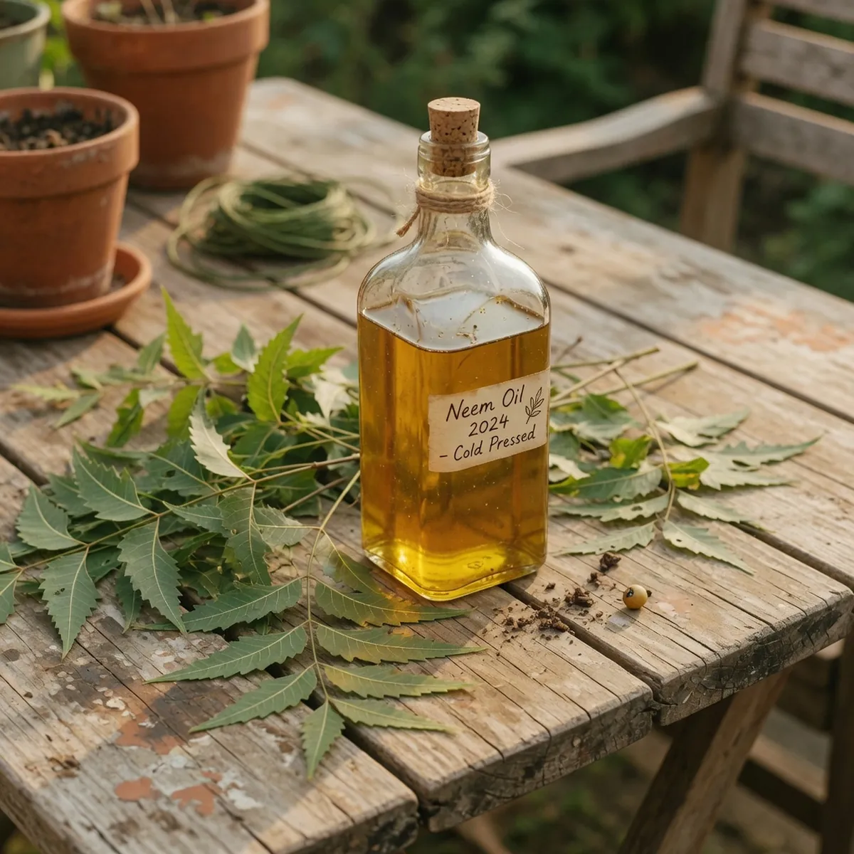 A clear glass bottle containing golden neem oil resting on a weathered wooden garden table beside fresh neem leaves.